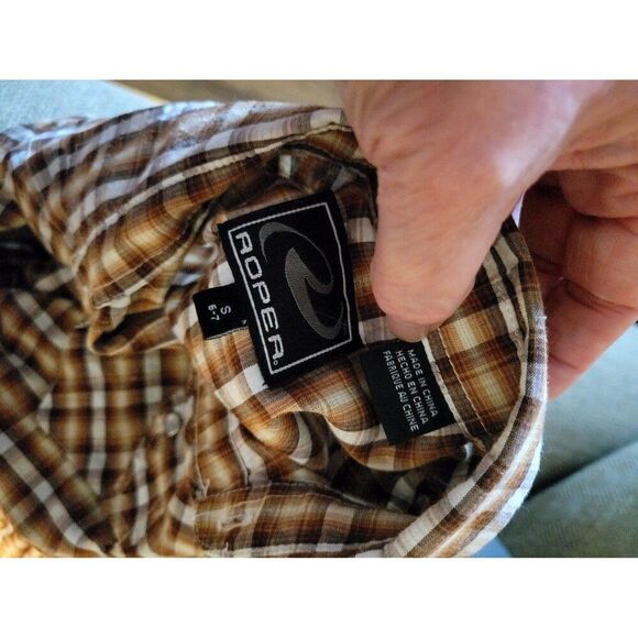 Roper Plaid Western Shirt Menswear Cowboy Rodeo Brown Cream Long Sleeve - Picture 3 of 3